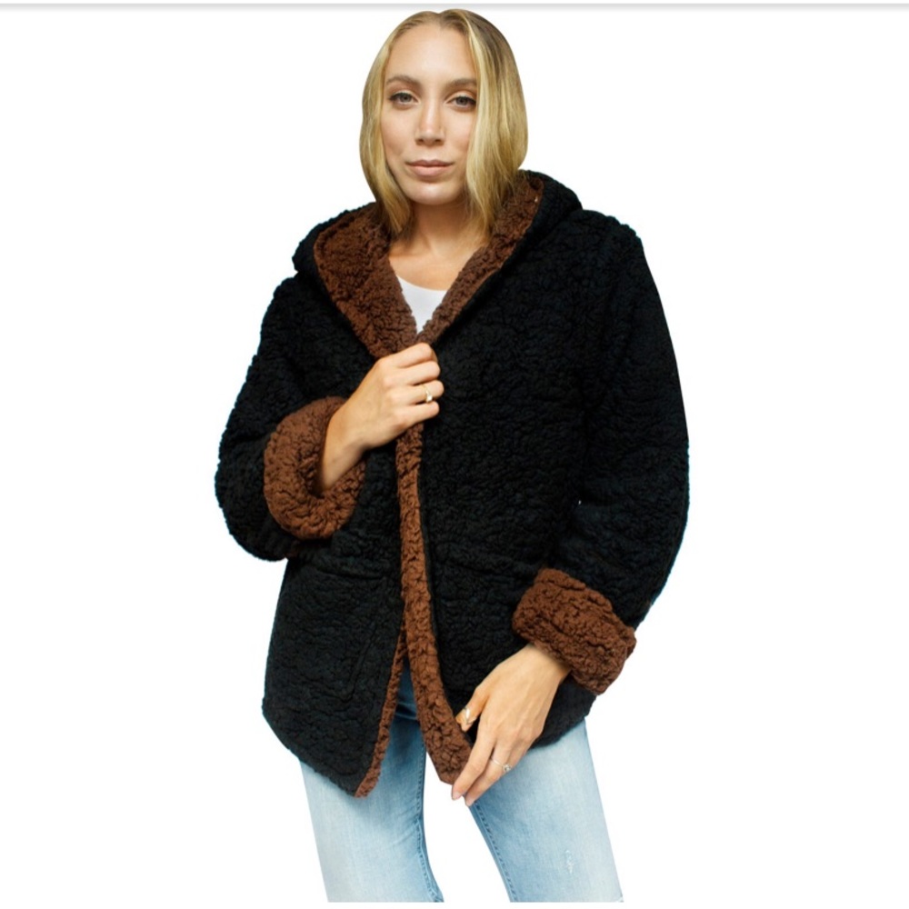 Reversible faux fur Sherpa teddy bear jacket black - Picture 3 of 8